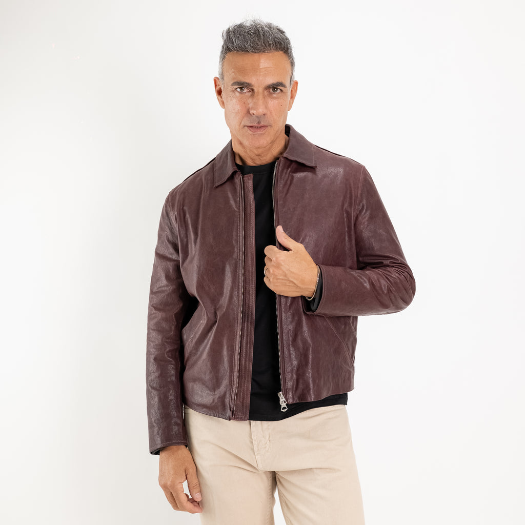 Giacca in Vera Pelle Vegetale con Colletto Classico - Bordeaux