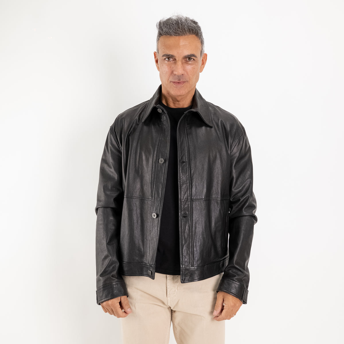 Giacca Overshirt in Vera Pelle con Bottoni - Nero