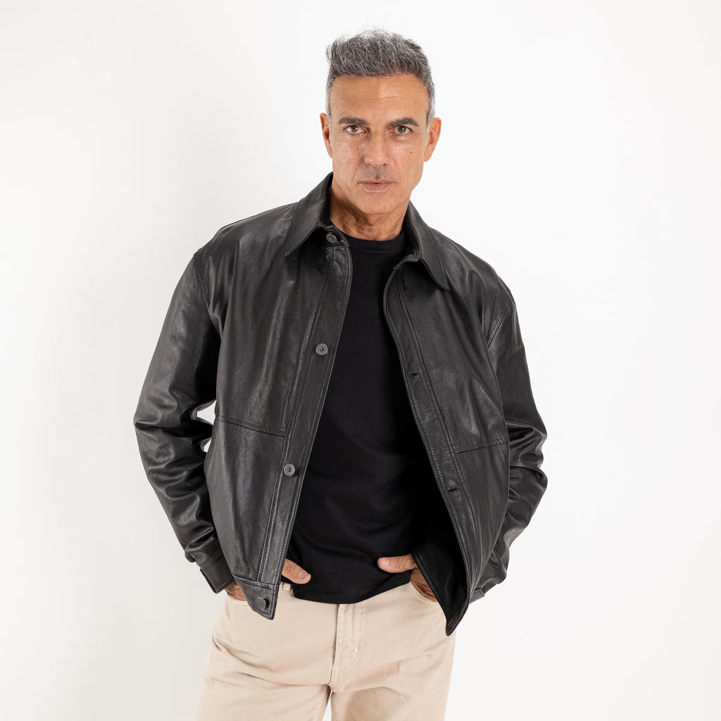 Giacca Overshirt in Vera Pelle con Bottoni - Nero