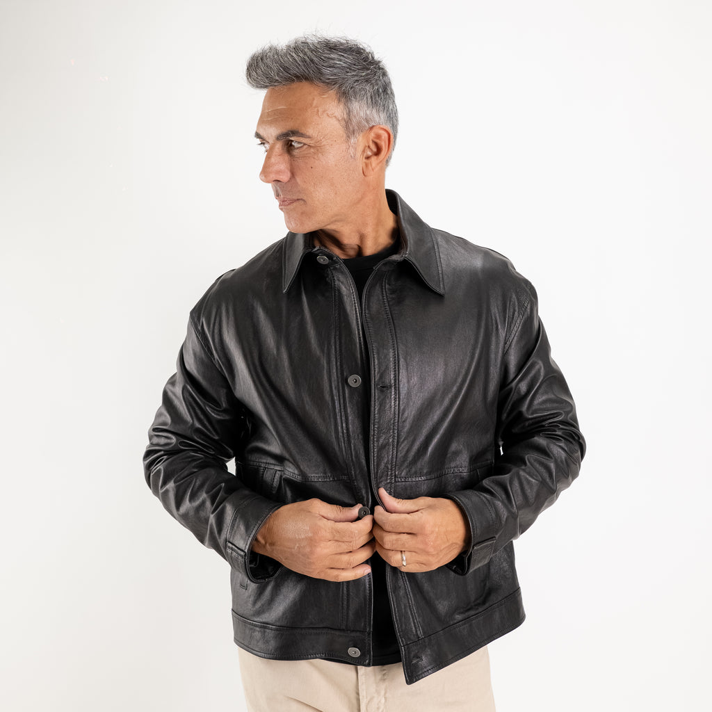 Giacca Overshirt in Vera Pelle con Bottoni - Nero