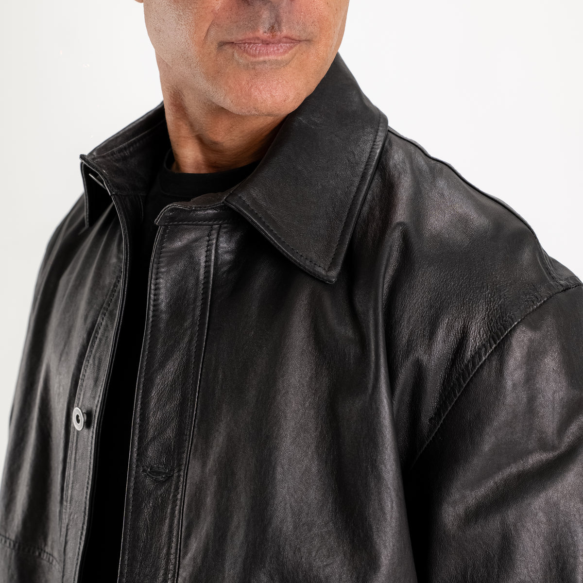 Giacca Overshirt in Vera Pelle con Bottoni - Nero
