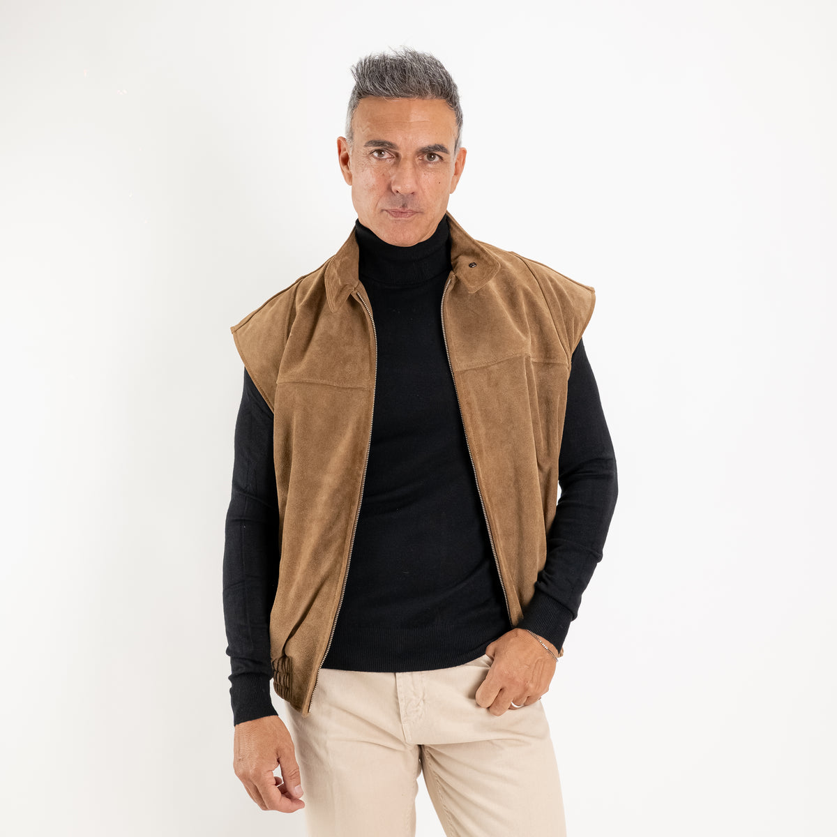 Gilet Oversize in Vera Pelle Crosta con Zip - Cuoio