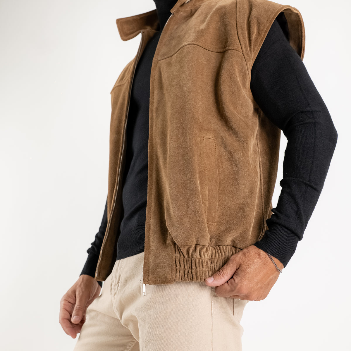 Gilet Oversize in Vera Pelle Crosta con Zip - Cuoio