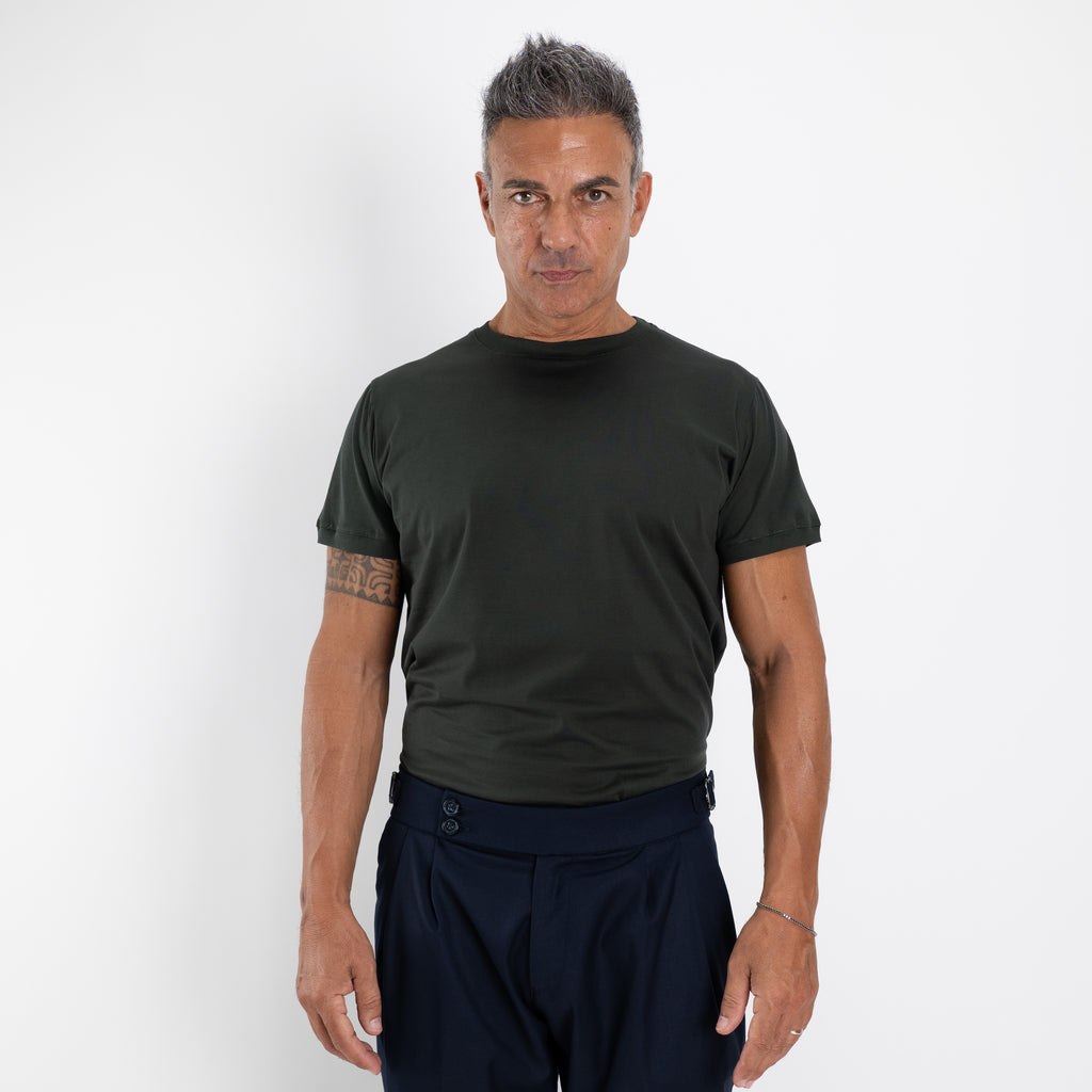 T-shirt in Filo di Scozia 2.0 con bordi a costina - Verde Militare