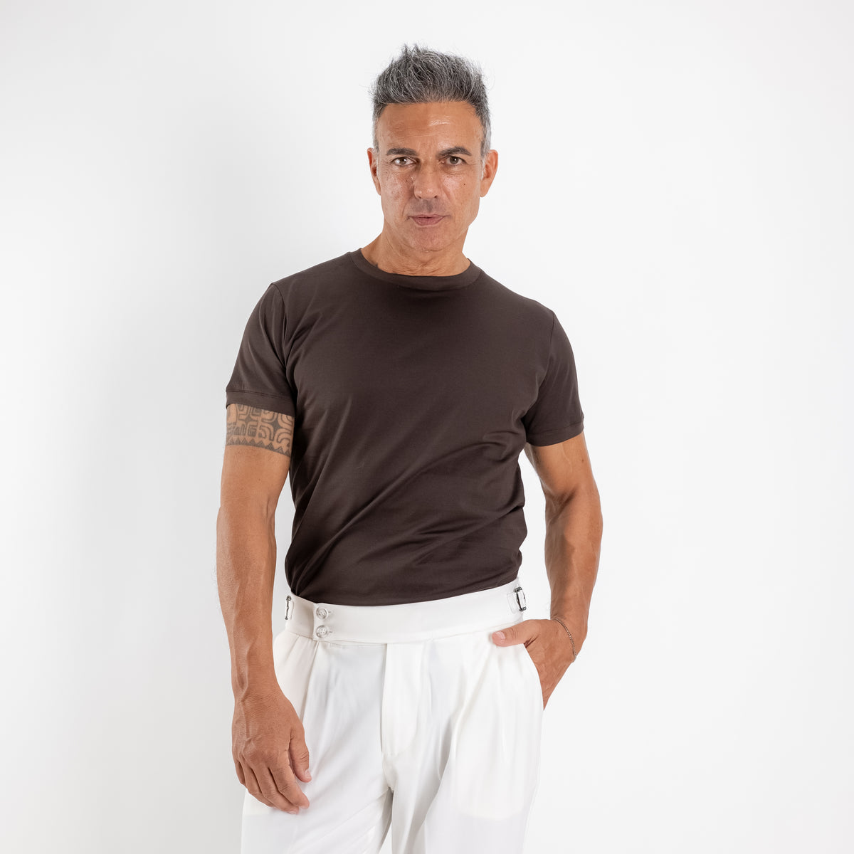 T-shirt in Filo di Scozia 2.0 con bordi a costina - Moro