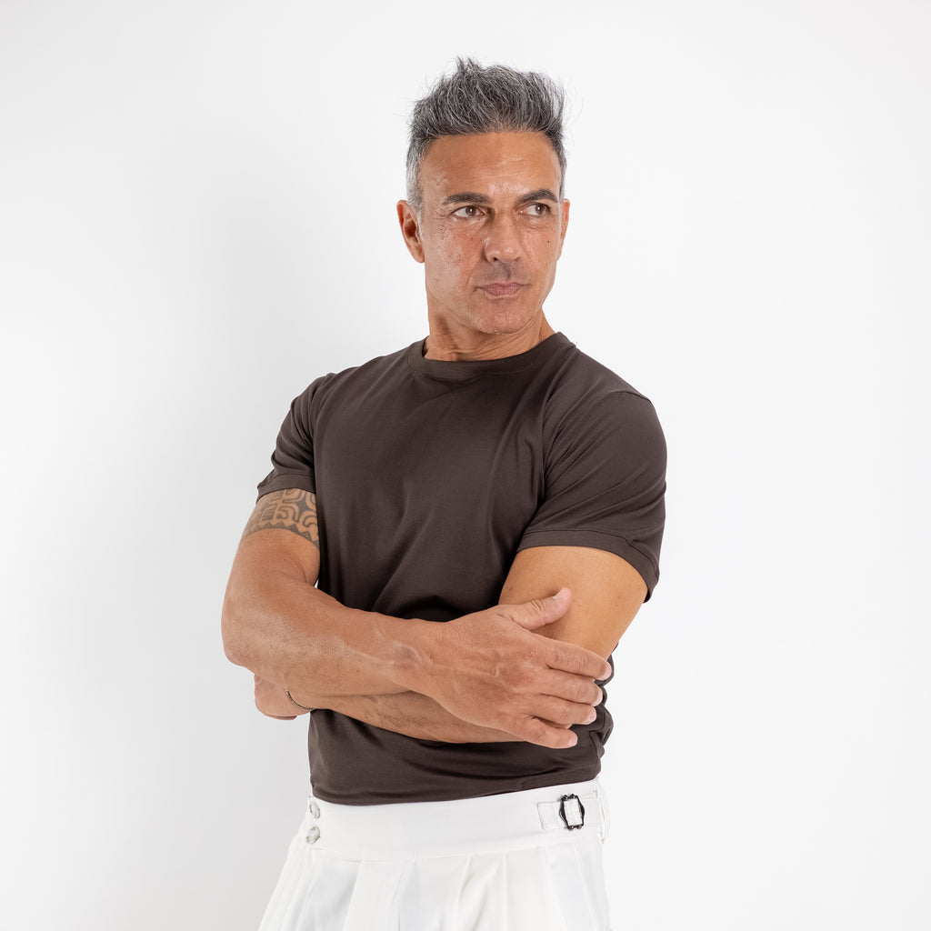 T-shirt in Filo di Scozia 2.0 con bordi a costina - Moro