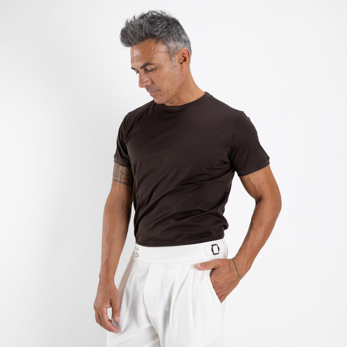 T-shirt in Filo di Scozia 2.0 con bordi a costina - Moro