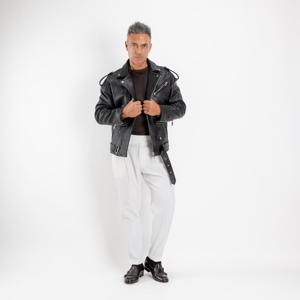 Chiodo oversize in vera pelle martellata - Nero