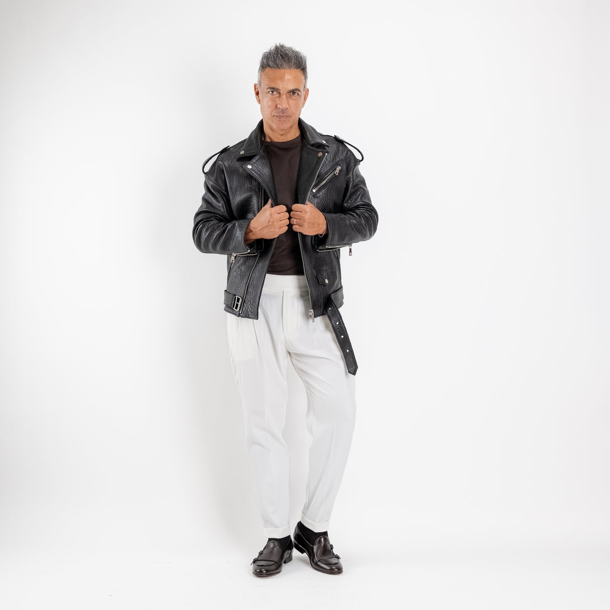Chiodo oversize in vera pelle martellata - Nero