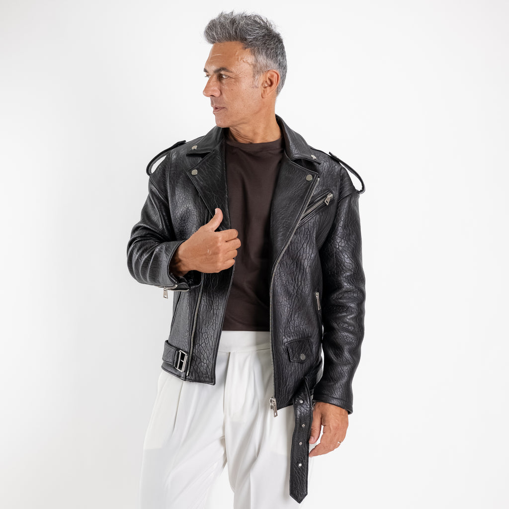Chiodo oversize in vera pelle martellata - Nero