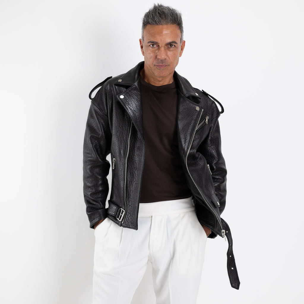 Chiodo oversize in vera pelle martellata - Nero