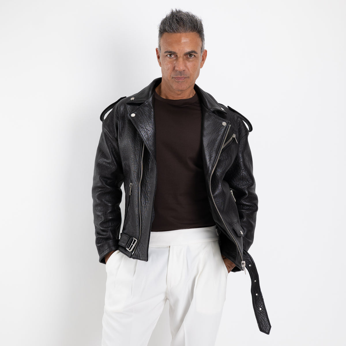 Chiodo oversize in vera pelle martellata - Nero