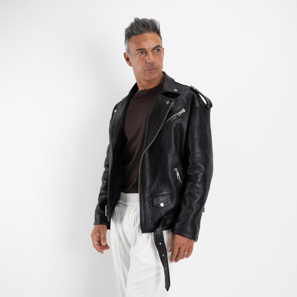 Chiodo oversize in vera pelle martellata - Nero