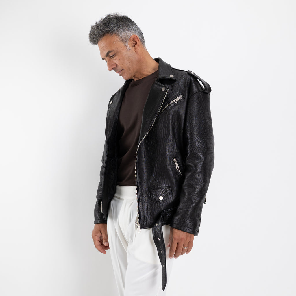 Chiodo oversize in vera pelle martellata - Nero