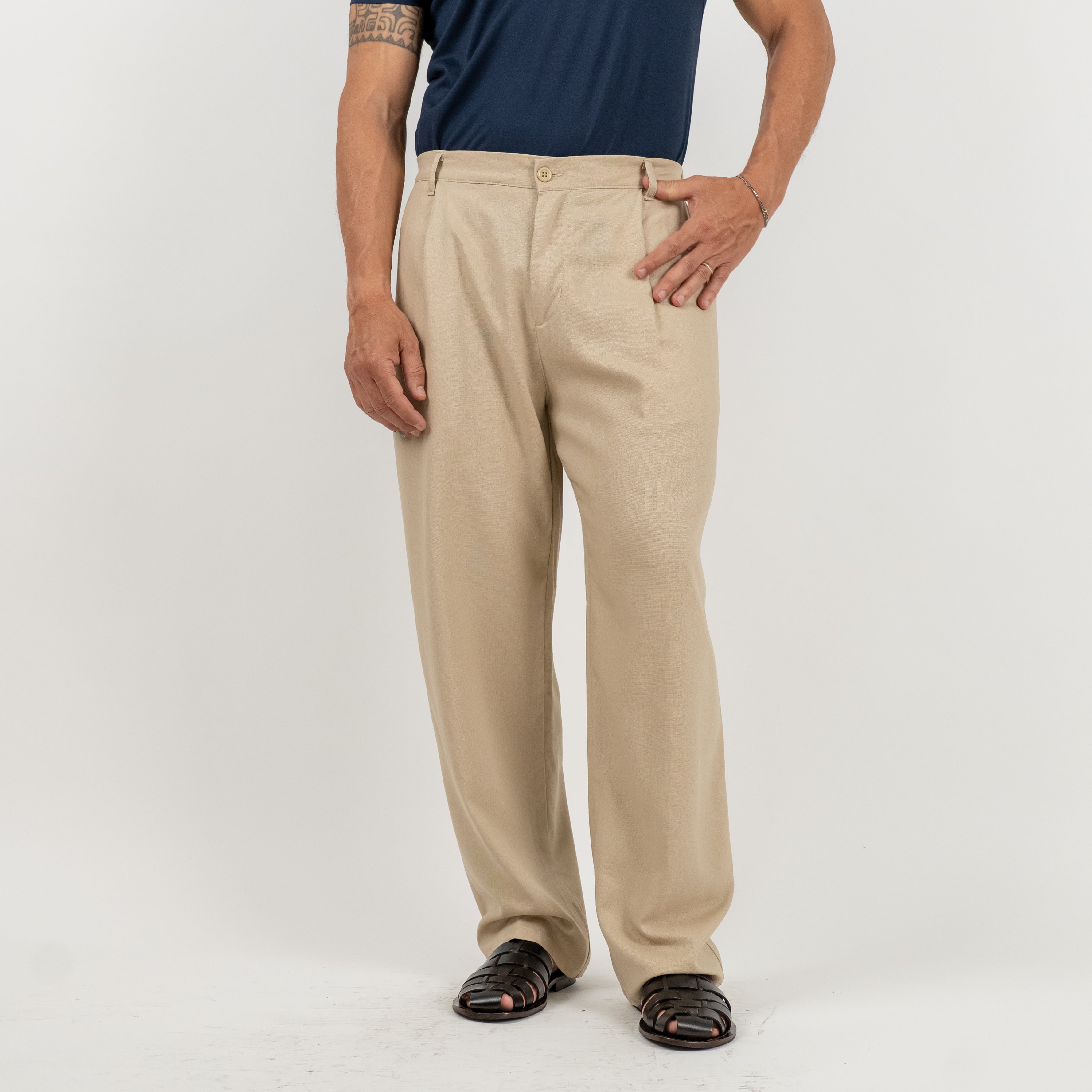 Pantalone palazzo con molla sul retro in misto lino - Beige