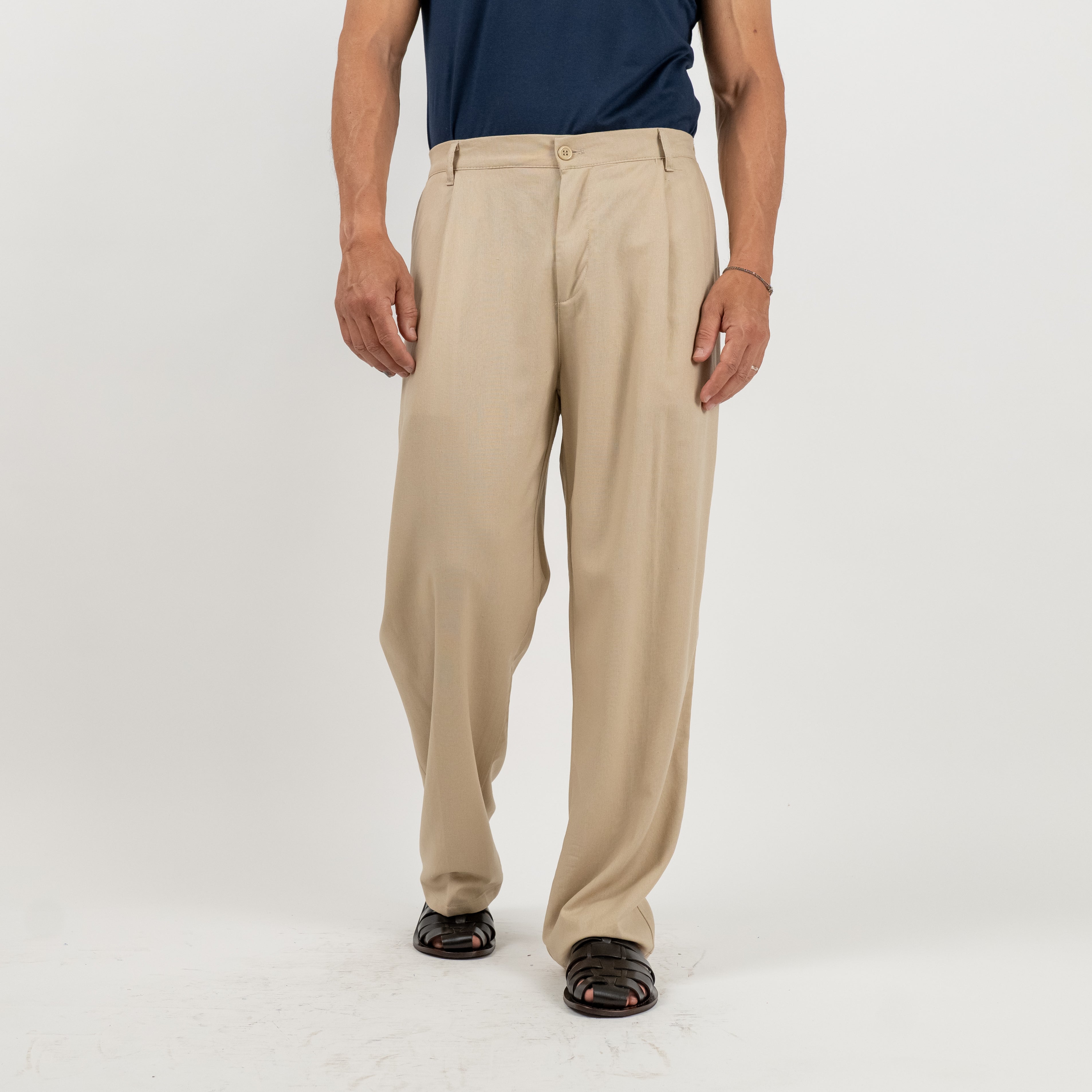 Pantalone palazzo con molla sul retro in misto lino - Beige