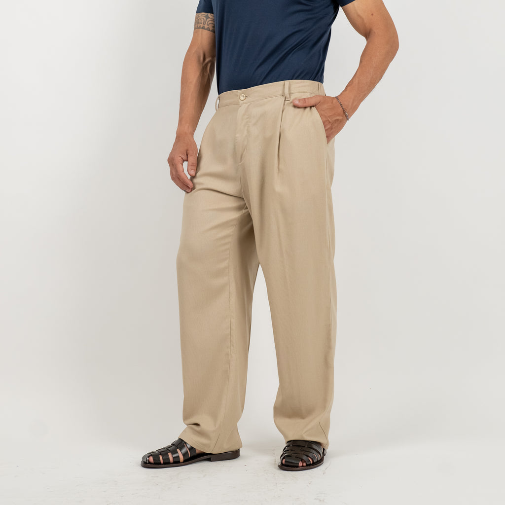 Pantalone palazzo con molla sul retro in misto lino - Beige