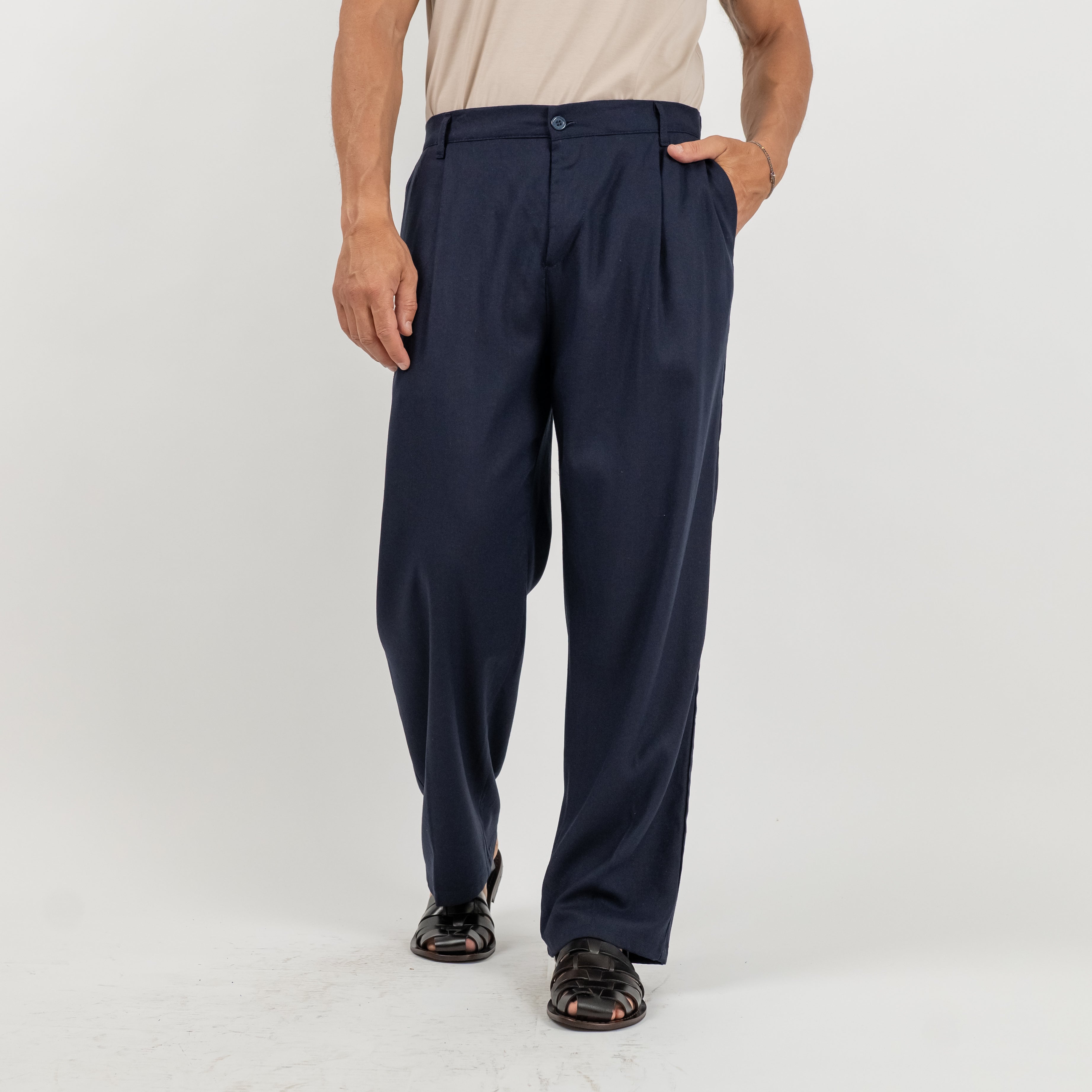 Pantalone palazzo con molla sul retro in misto lino - Blu