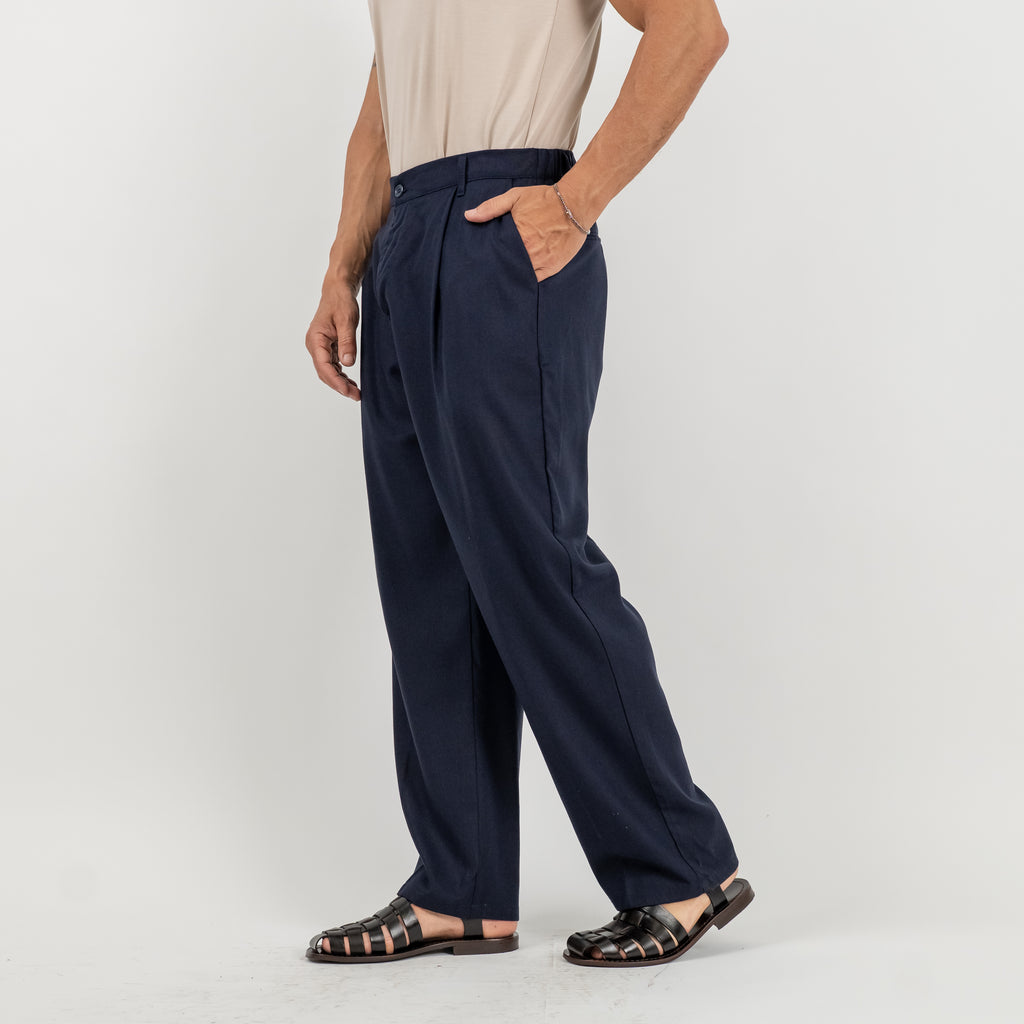 Pantalone palazzo con molla sul retro in misto lino - Blu