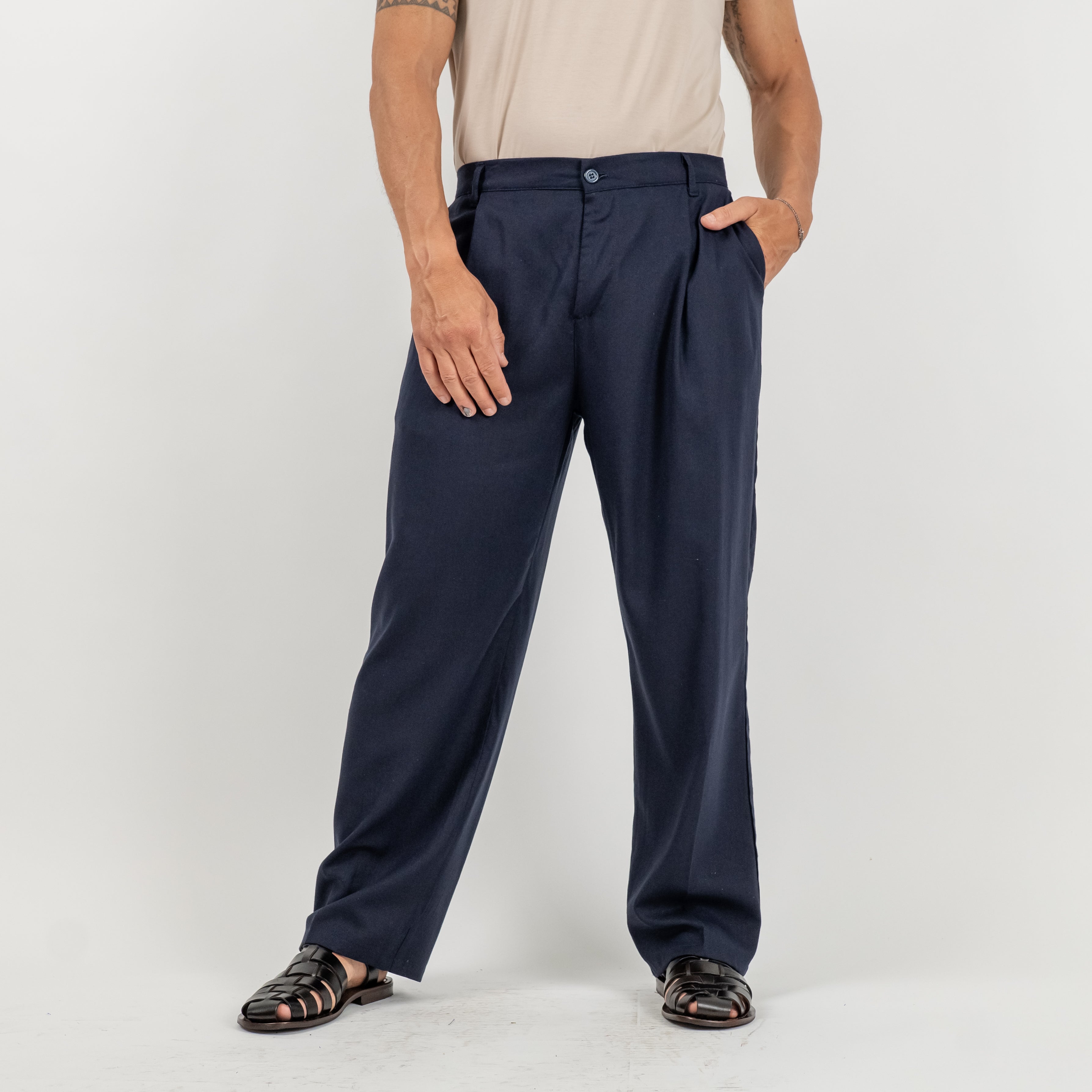Pantalone palazzo con molla sul retro in misto lino - Blu