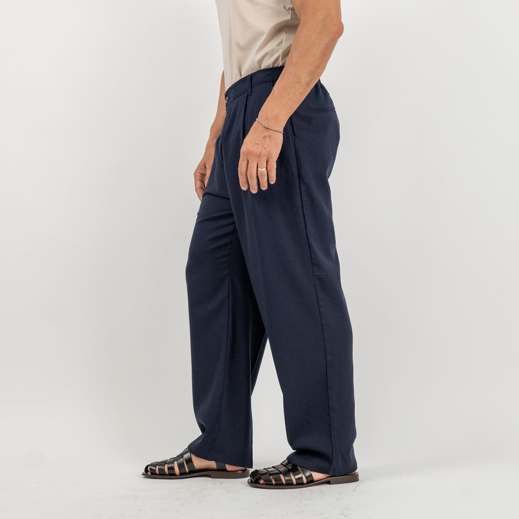 Pantalone palazzo con molla sul retro in misto lino - Blu