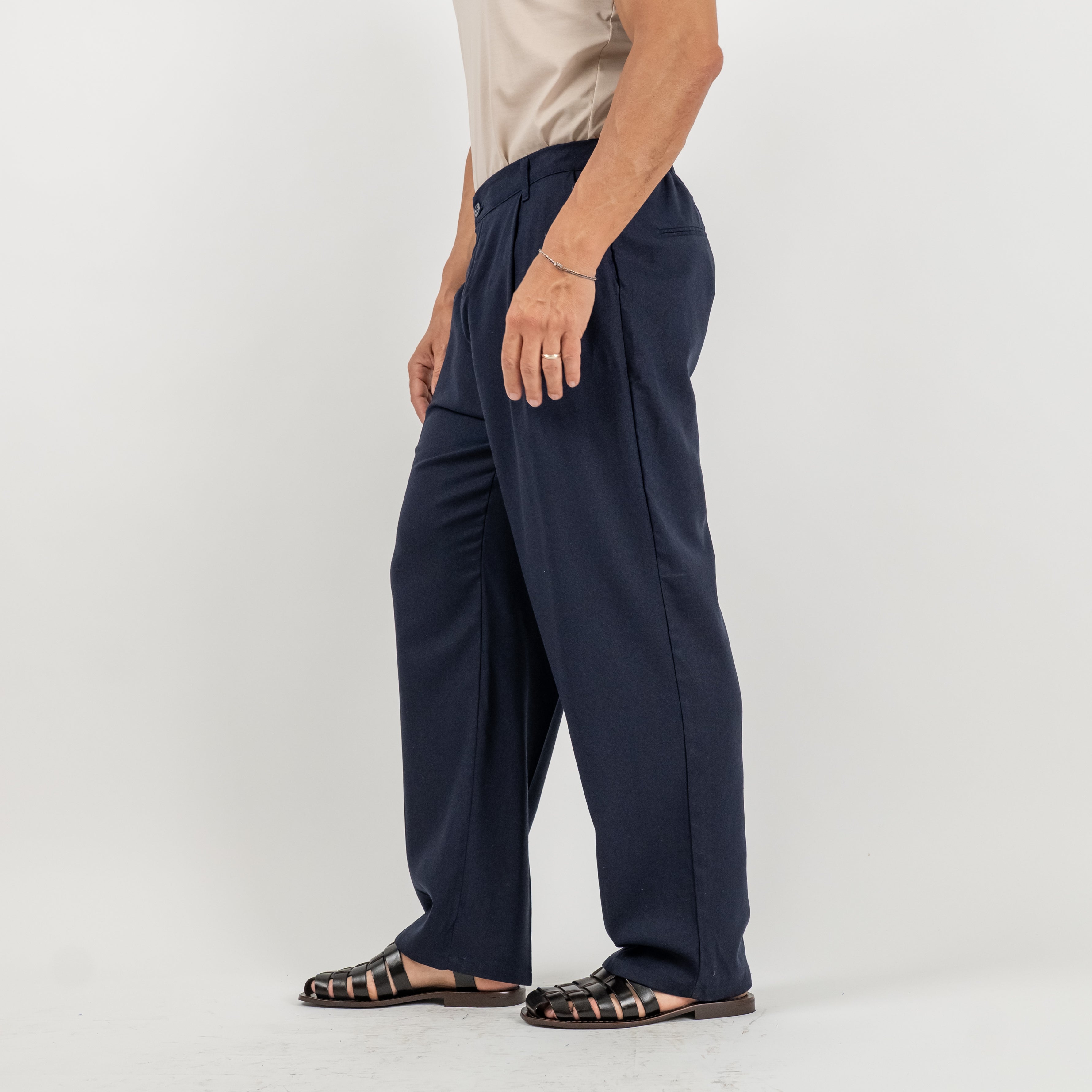 Pantalone palazzo con molla sul retro in misto lino - Blu