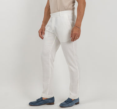 Pantalone con risvolto alto in lino - Bianco