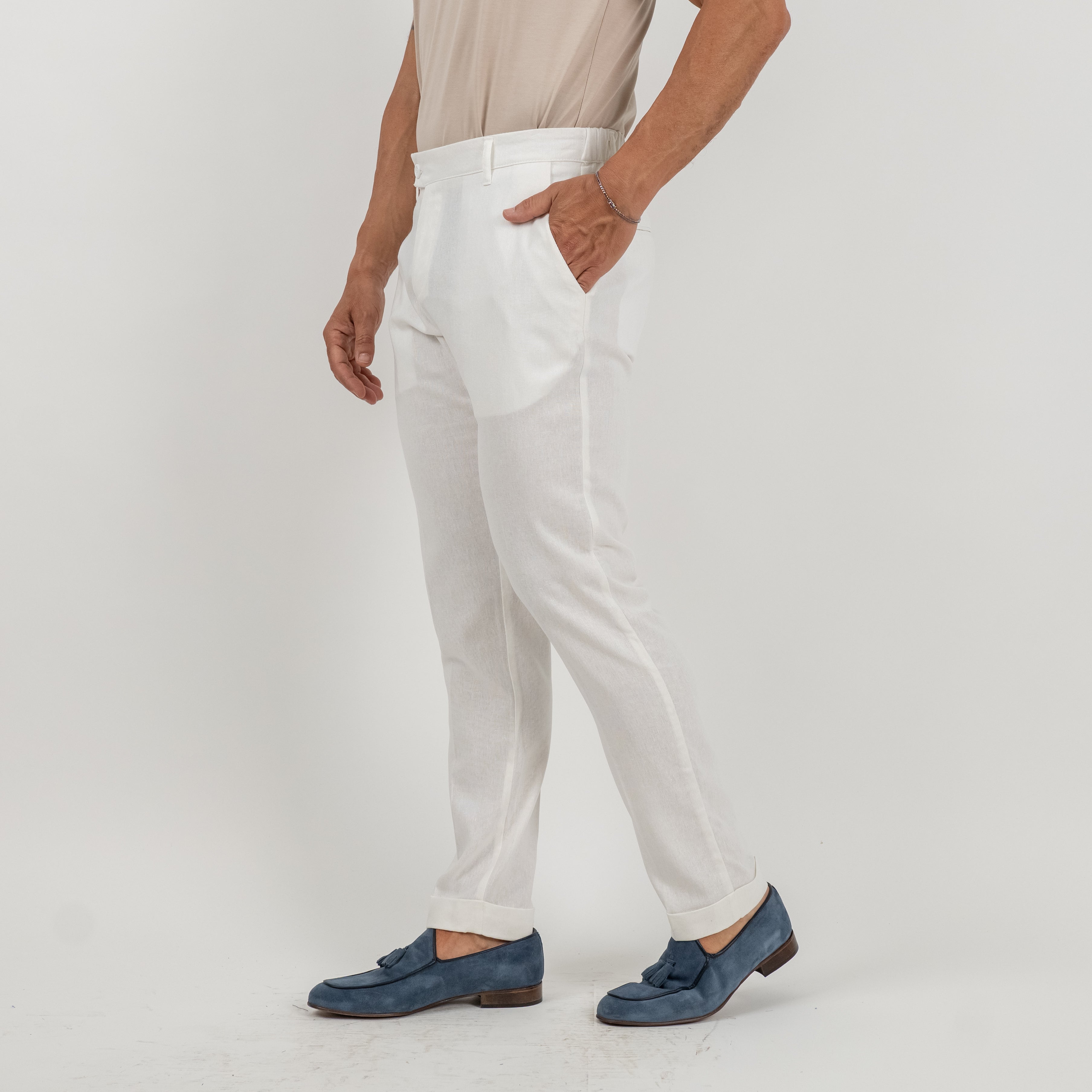 Pantalone con risvolto alto in lino - Bianco