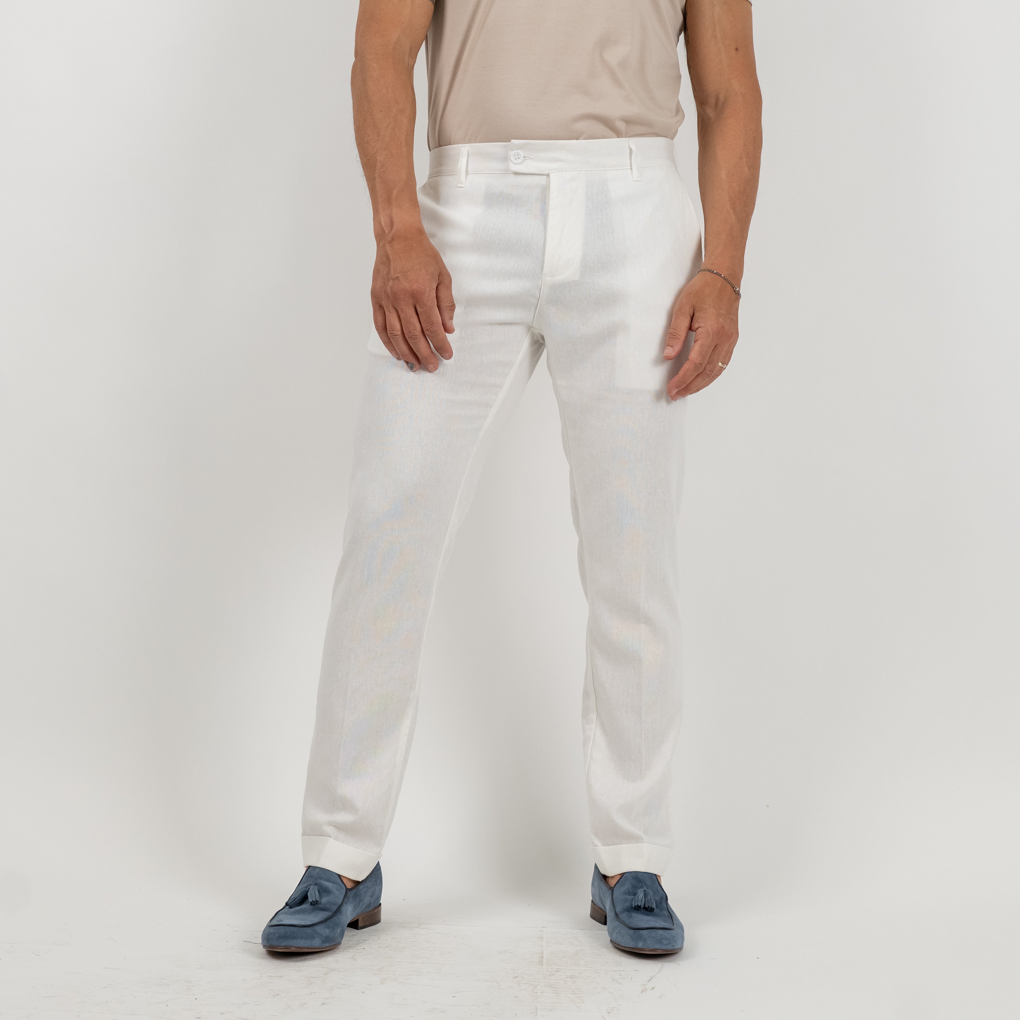 Pantalone con risvolto alto in lino - Bianco