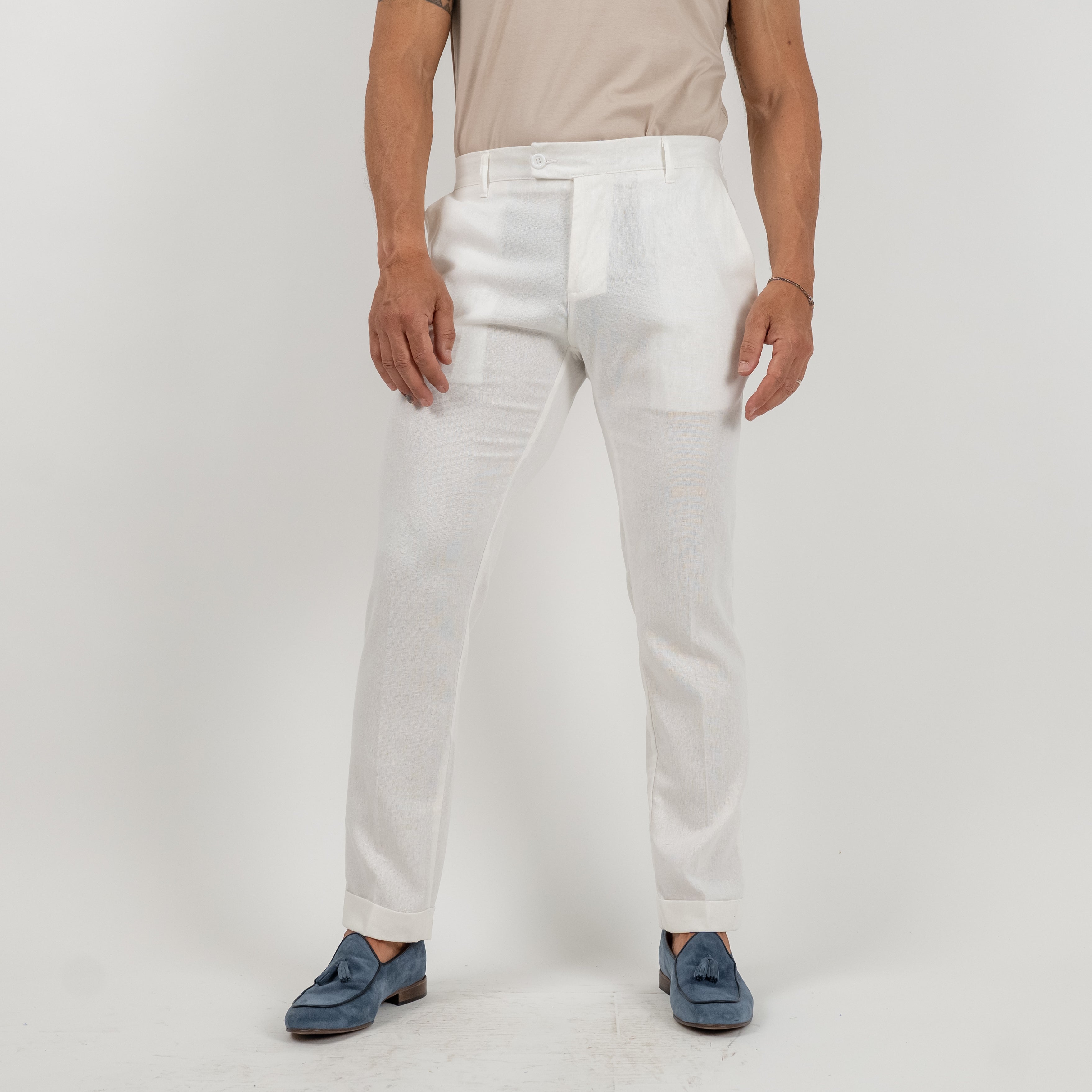 Linen High-Waisted Trousers - White