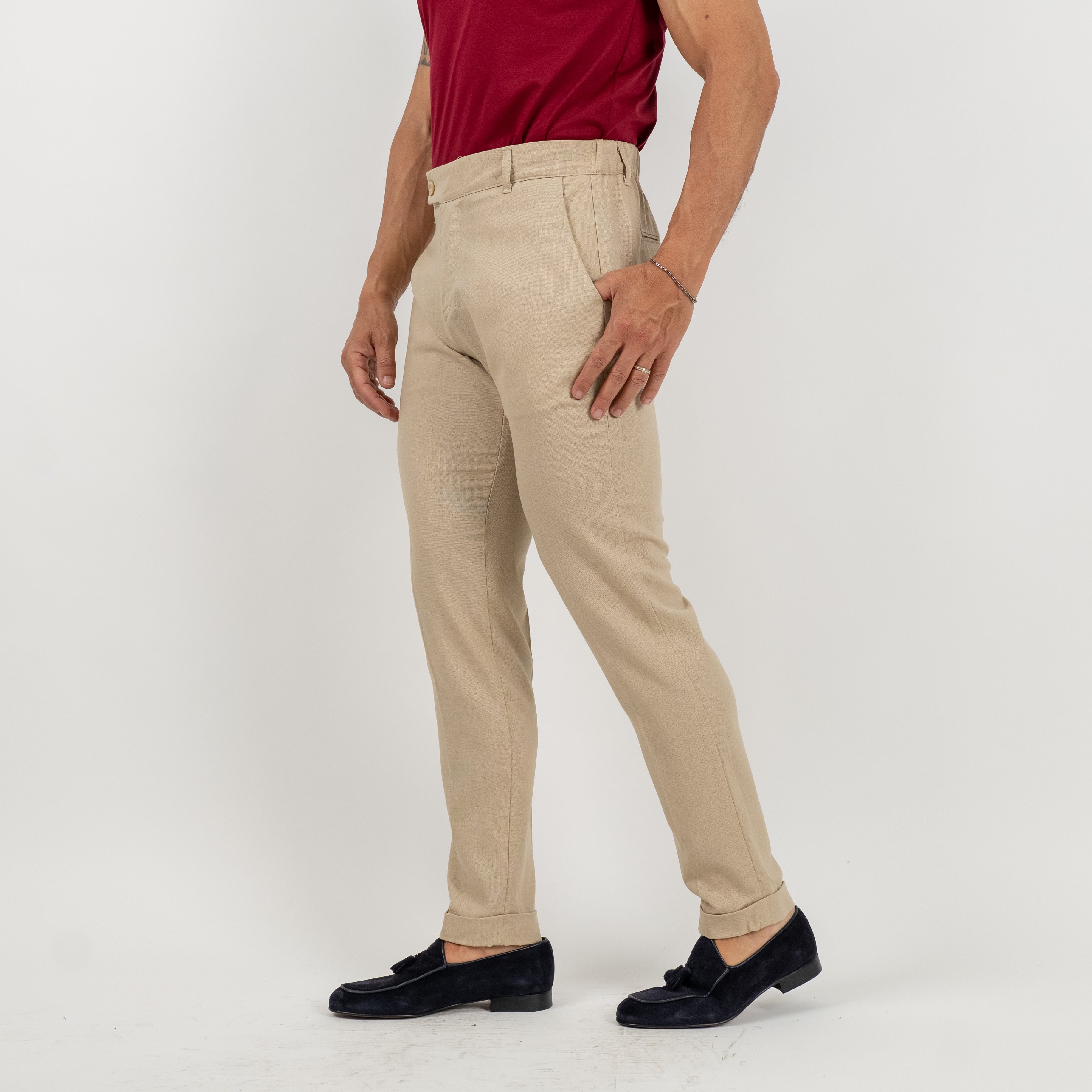Pantalone con risvolto alto in lino - Beige