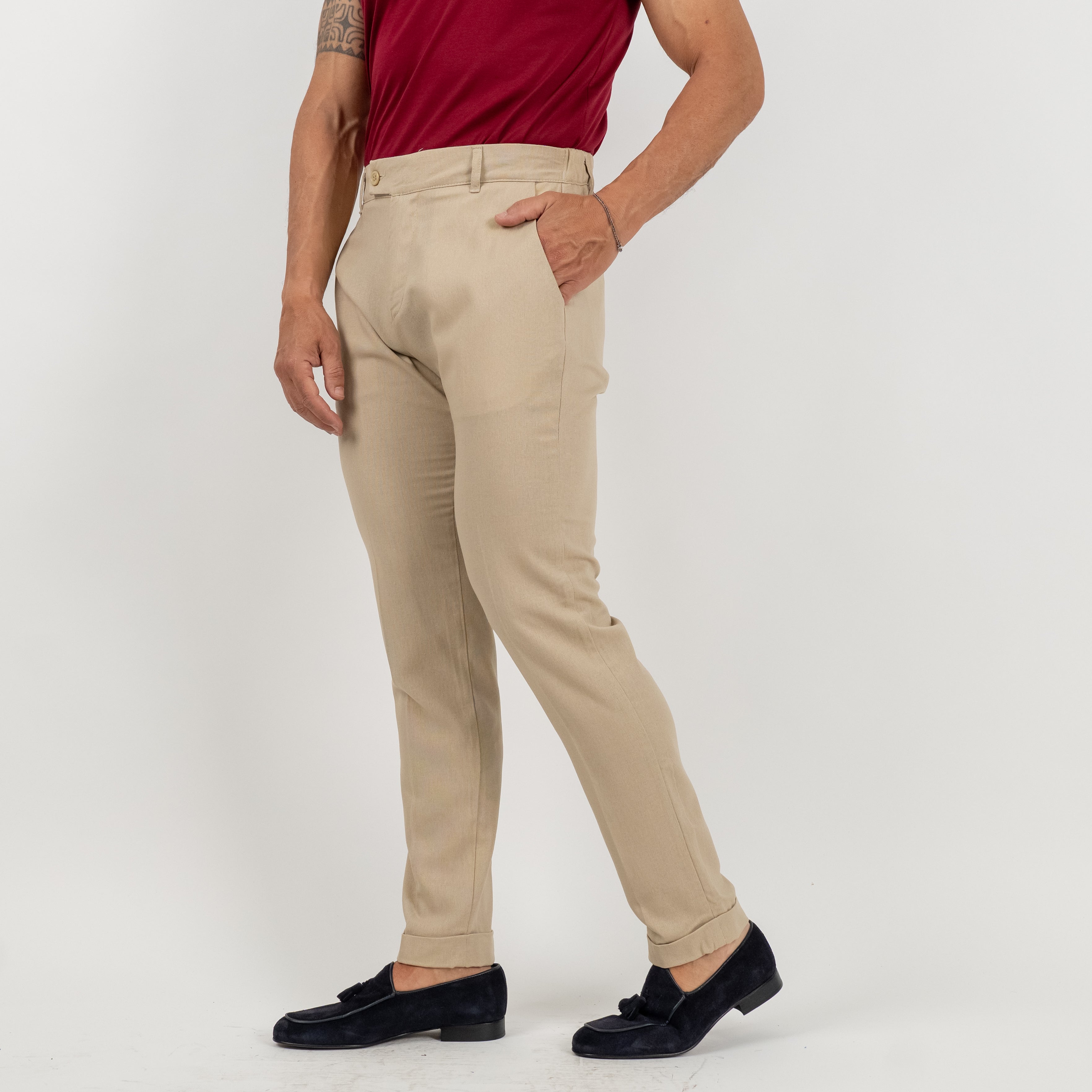 Pantalone con risvolto alto in lino - Beige