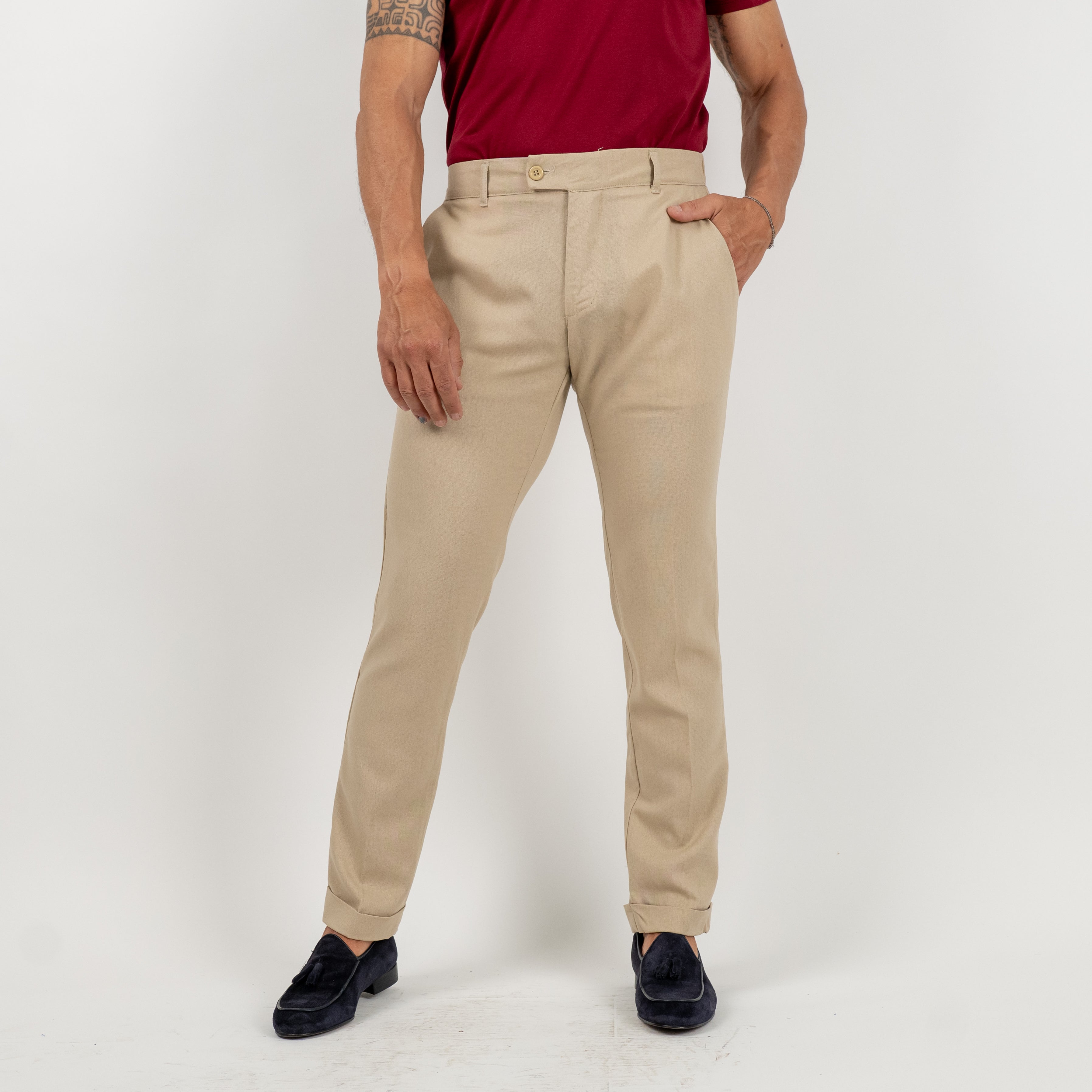 Pantalone con risvolto alto in lino - Beige