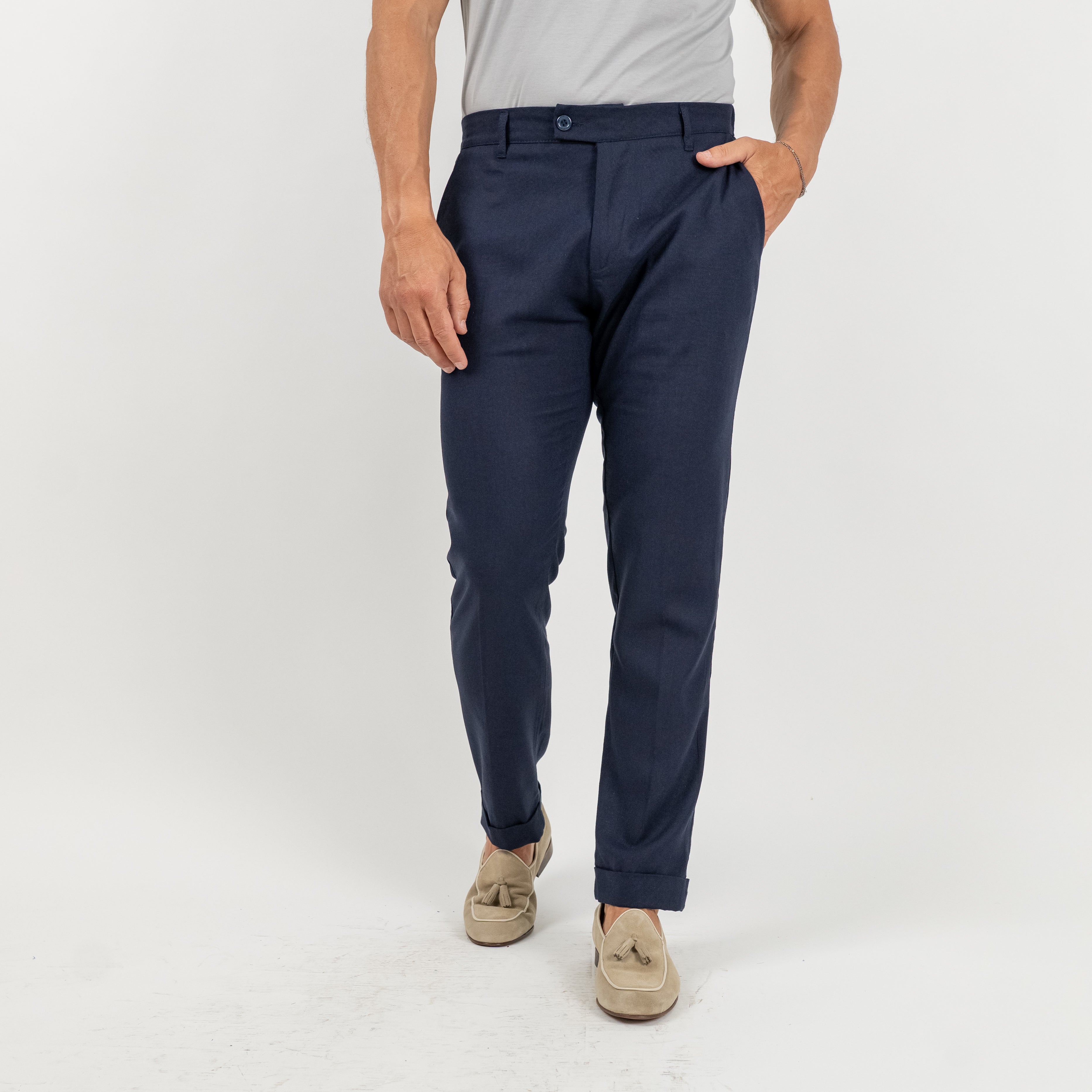 Pantalone con risvolto alto in lino - Blu