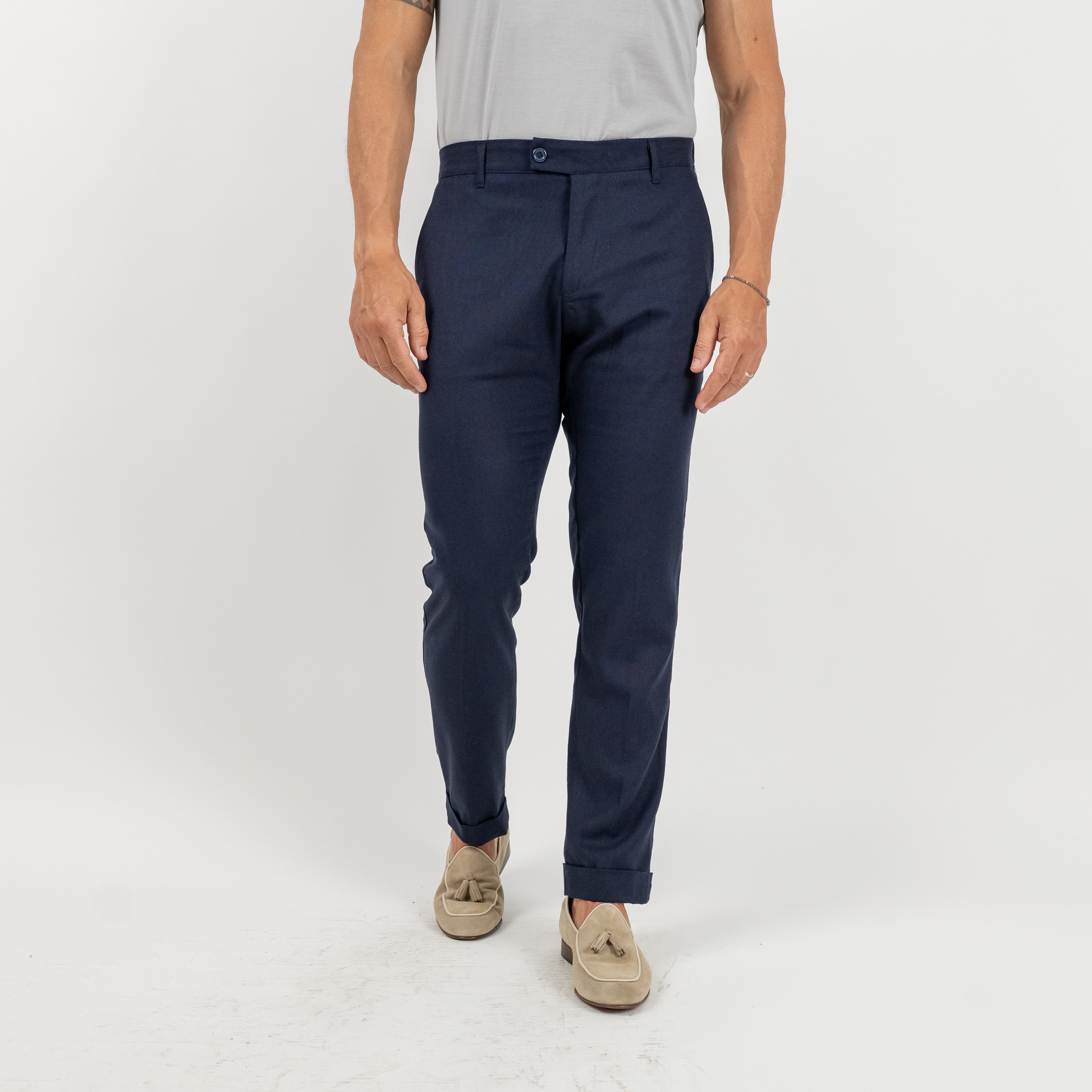 Pantalone con risvolto alto in lino - Blu