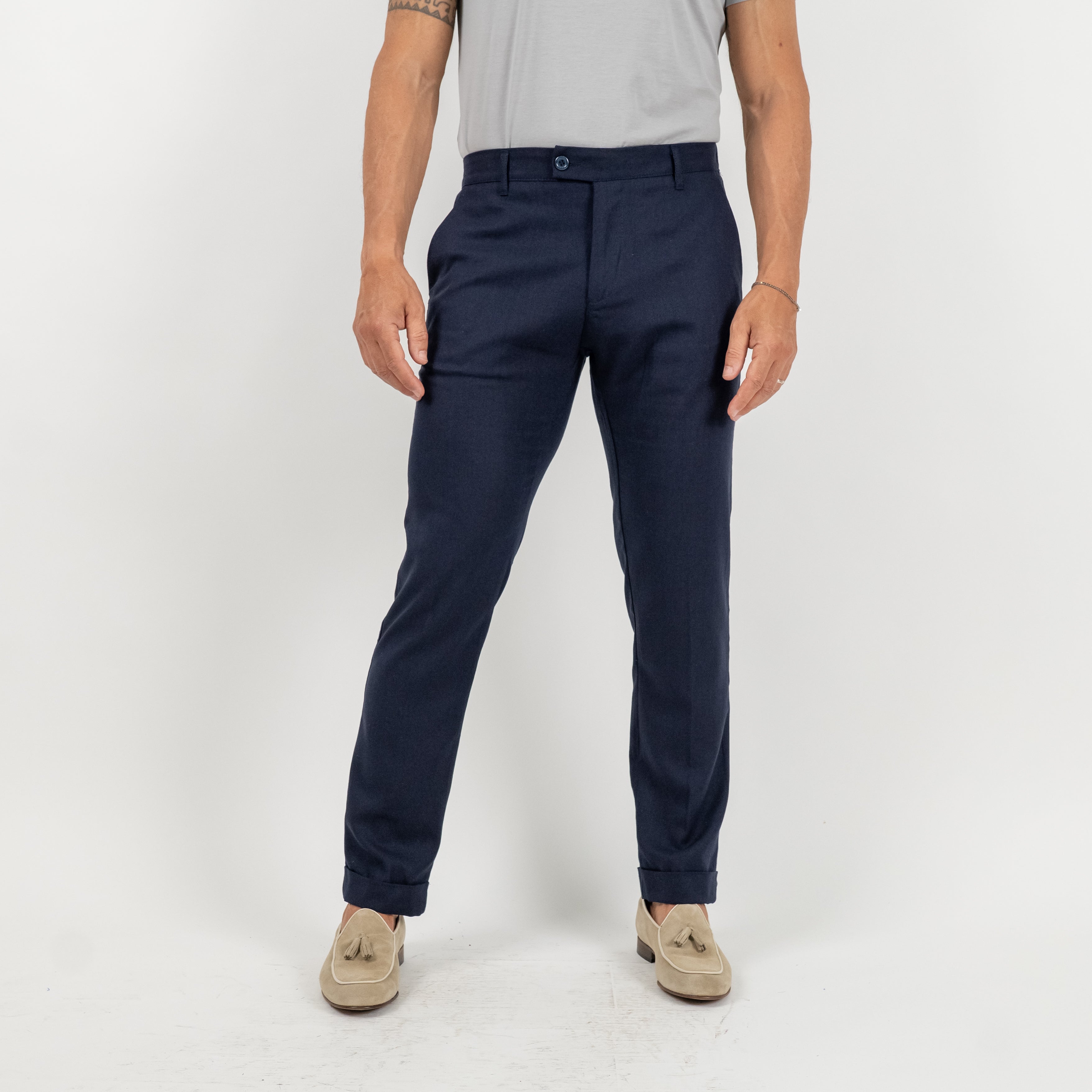 Pantalone con risvolto alto in lino - Blu