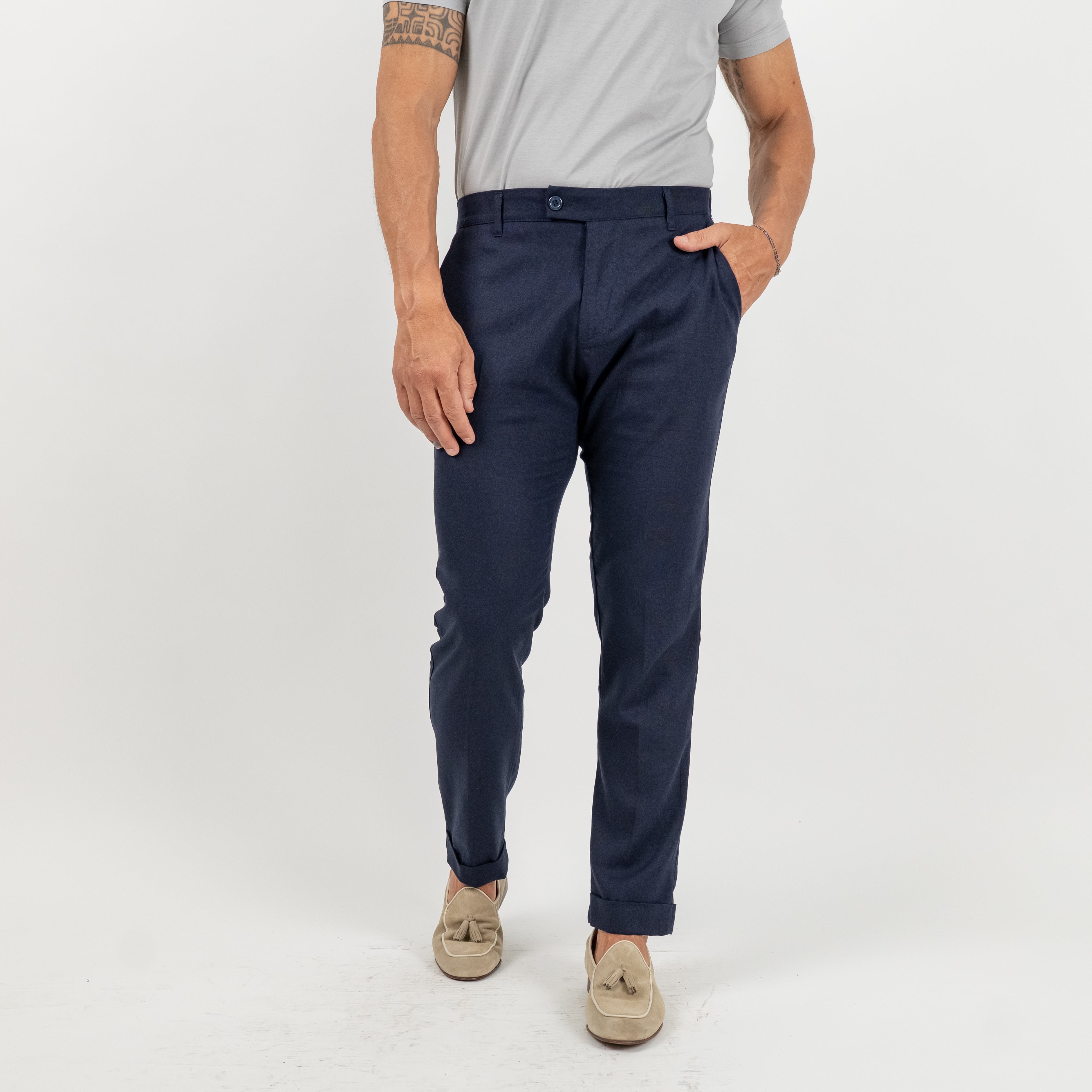 Pantalone con risvolto alto in lino - Blu