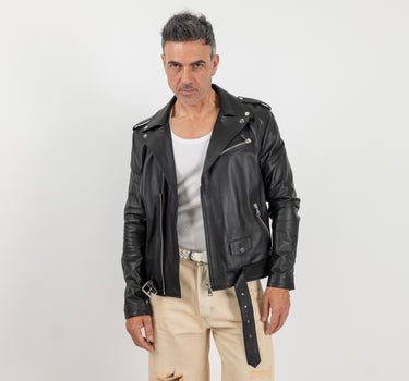 Chiodo con rever a lancia in vera pelle - Nero