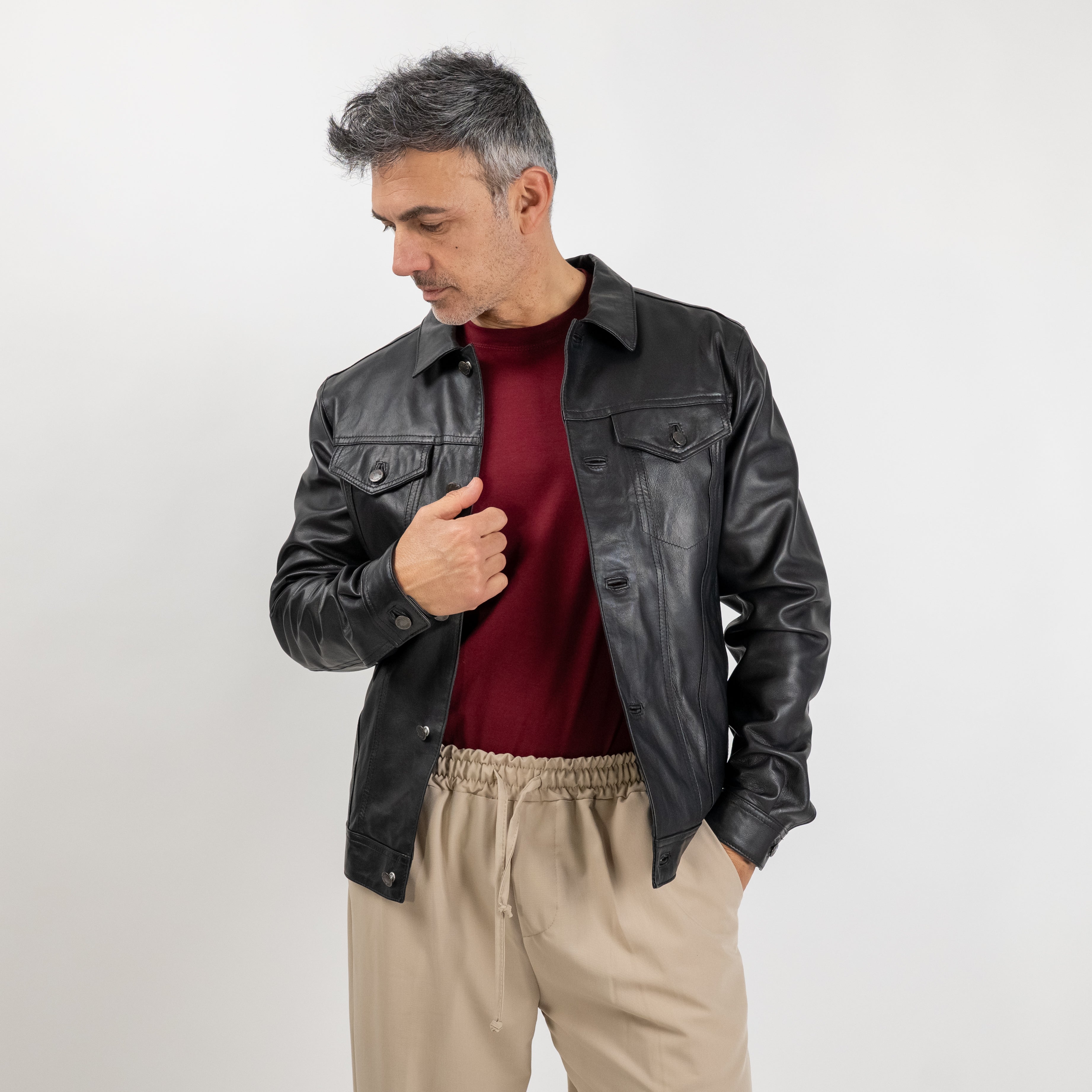 Giacca a camicia in Vera Pelle - Nero