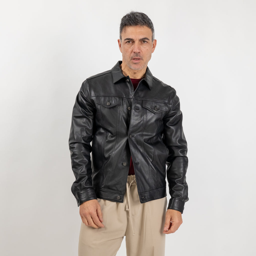 Giacca a camicia in Vera Pelle - Nero