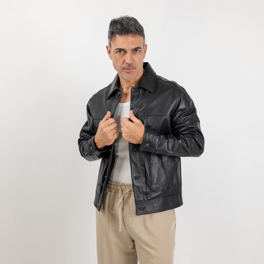 Giacca a camicia con tasche in Vera Pelle - Nero