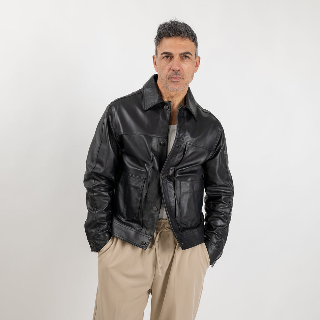 Giacca a camicia con tasche in Vera Pelle - Nero