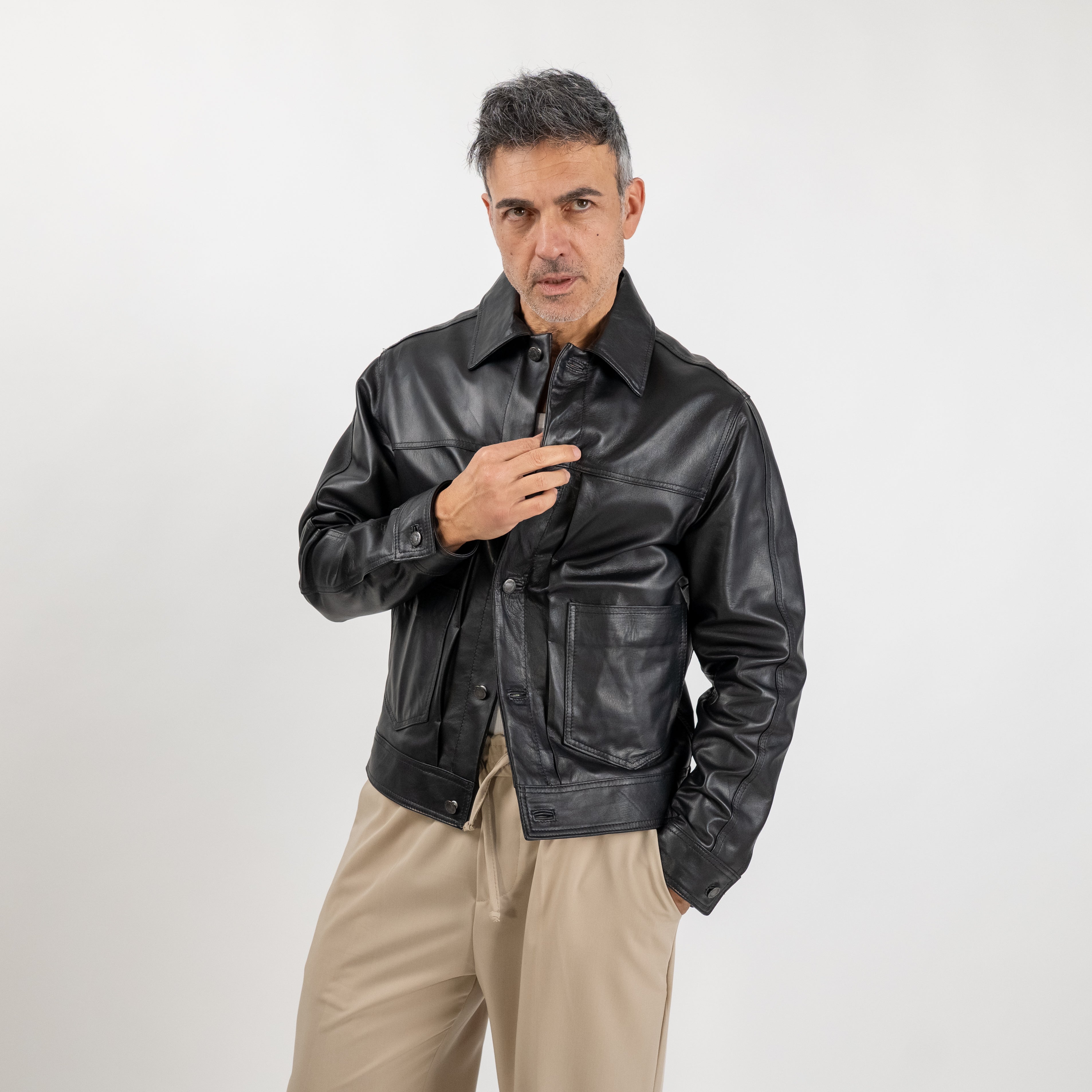 Giacca a camicia con tasche in Vera Pelle - Nero