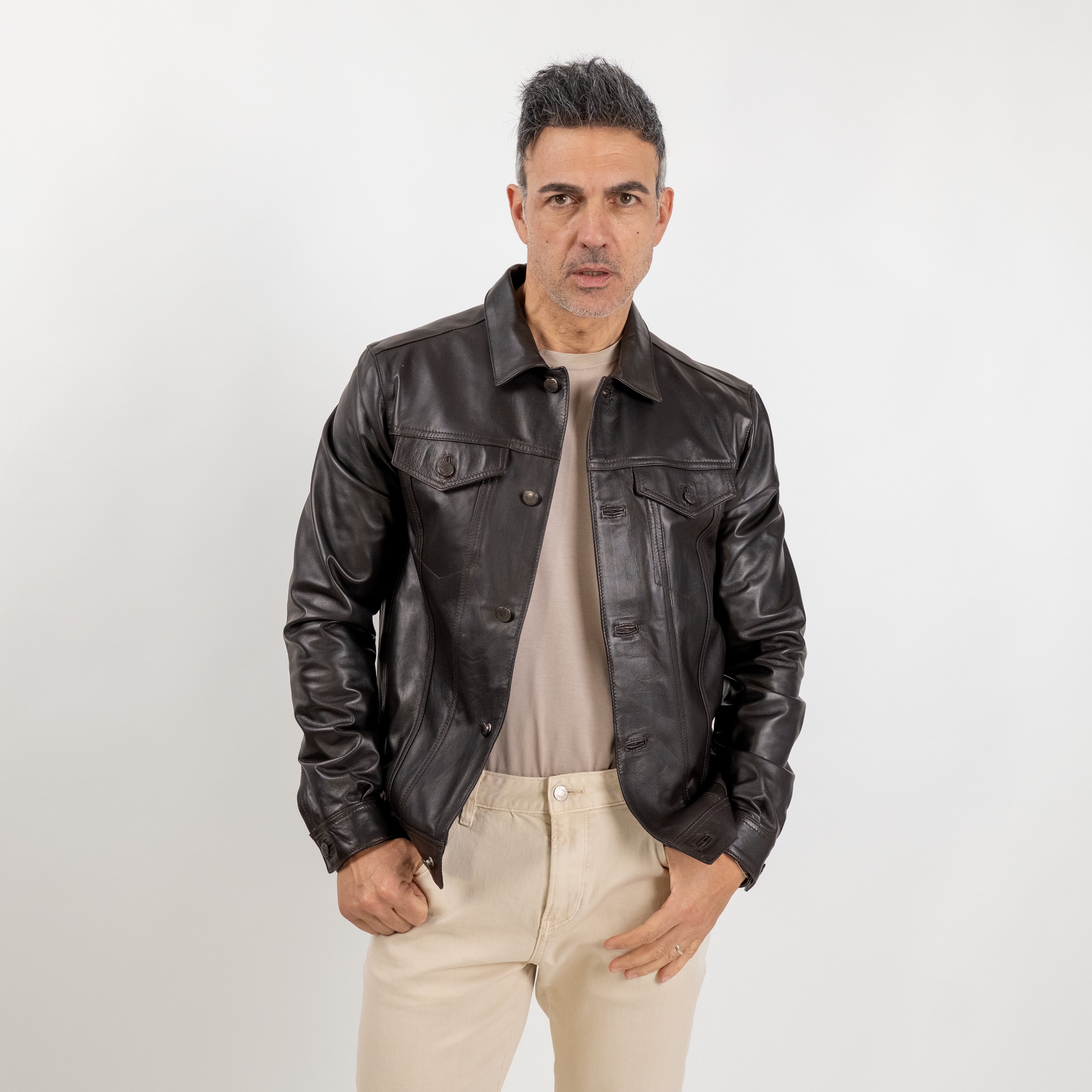 Giacca a camicia in Vera Pelle - Testa di moro