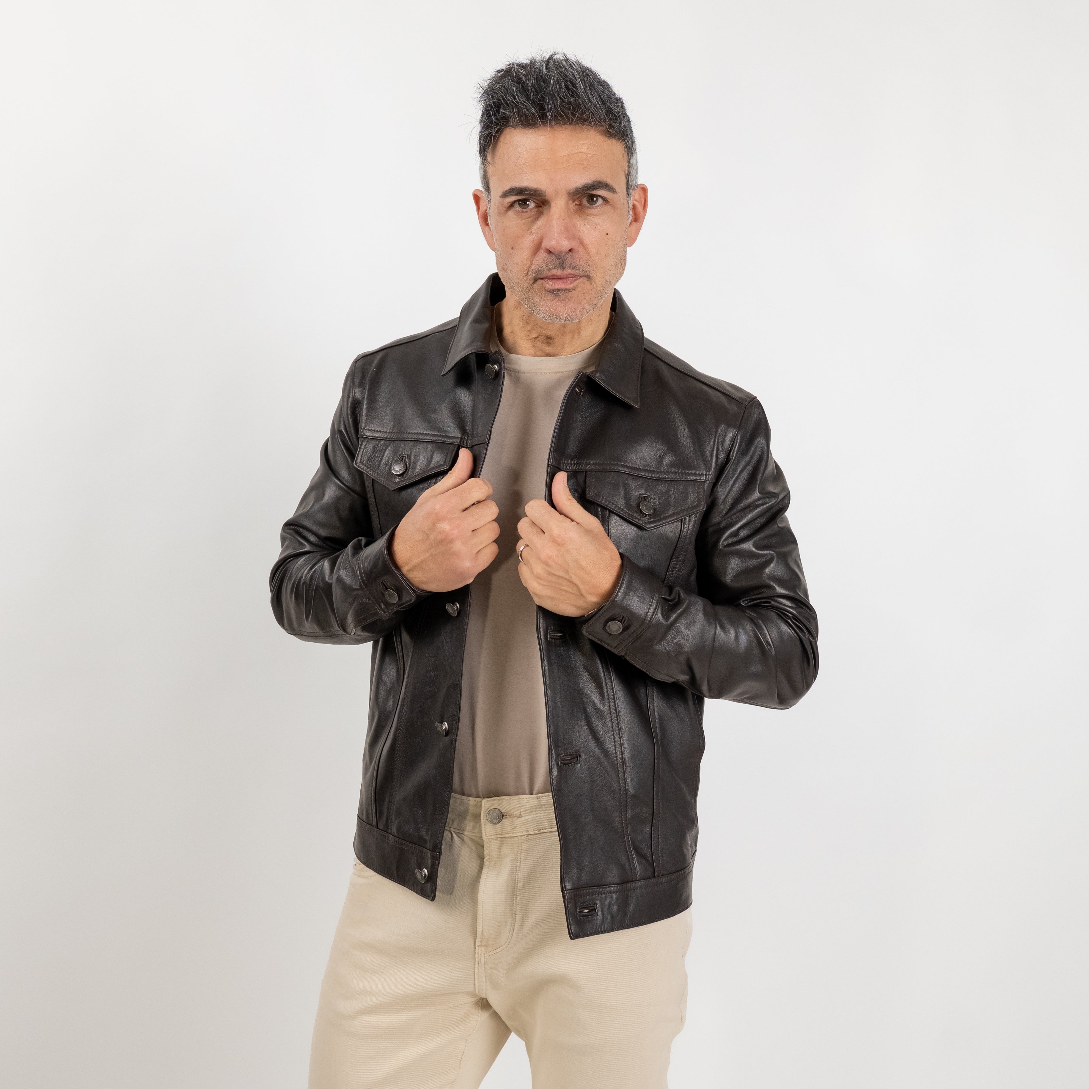 Giacca a camicia in Vera Pelle - Testa di moro