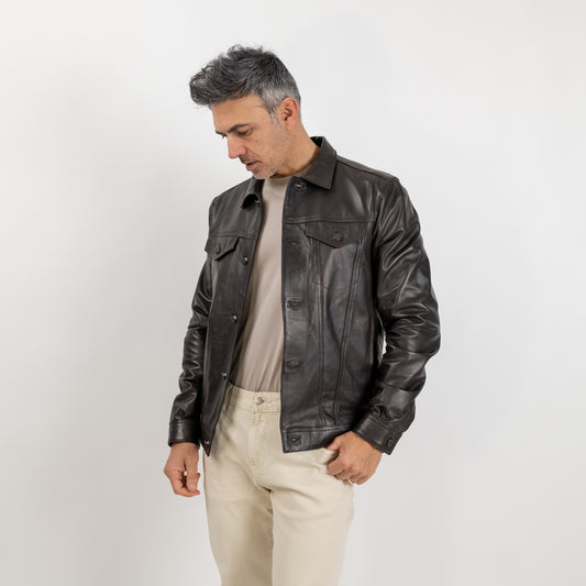 Giacca a camicia in Vera Pelle - Testa di moro