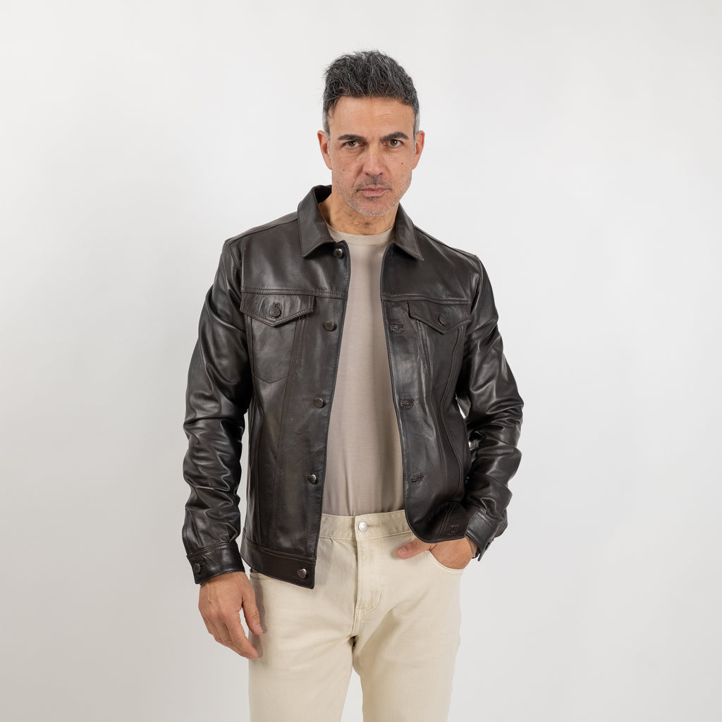 Giacca a camicia in Vera Pelle - Testa di moro