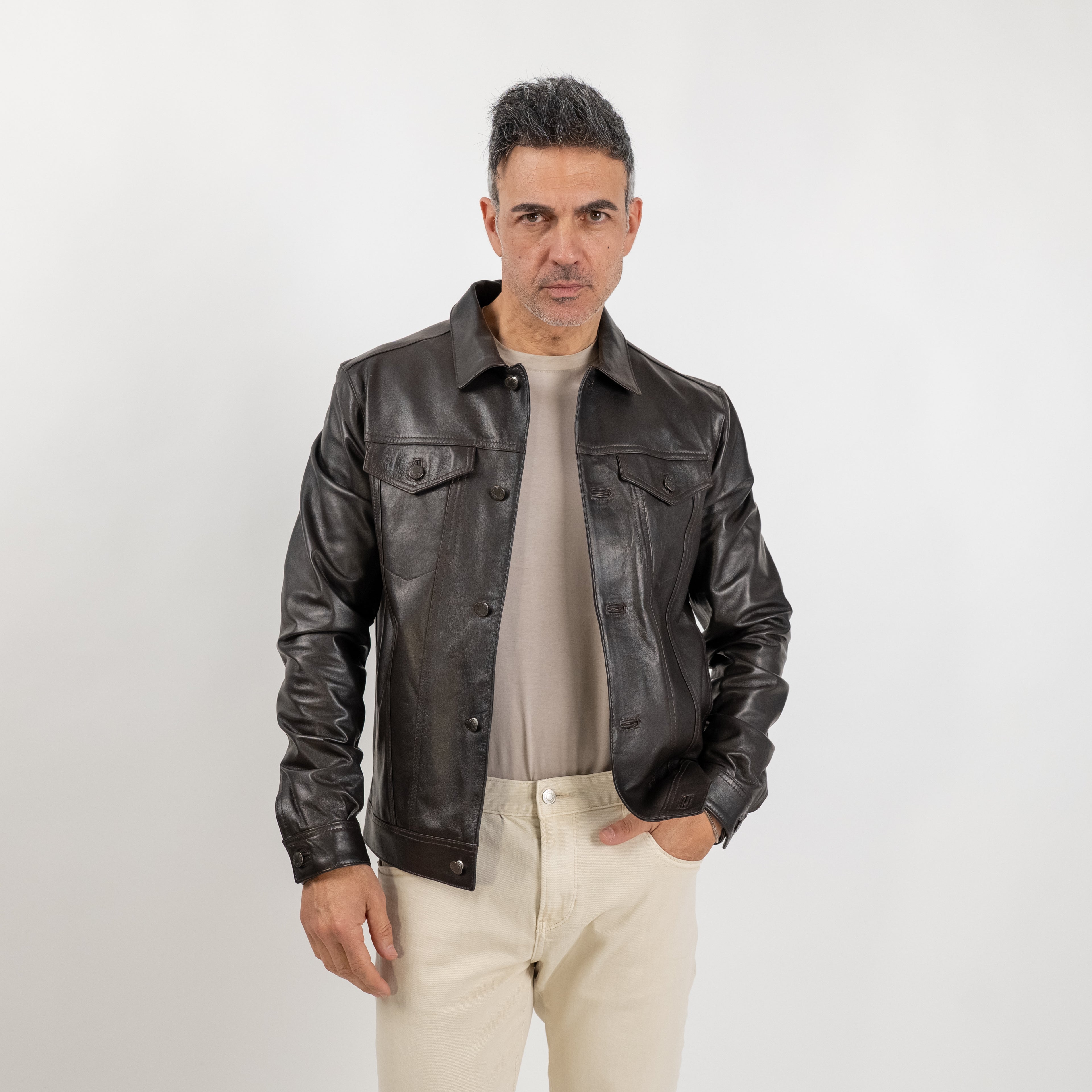 Giacca a camicia in Vera Pelle - Testa di moro