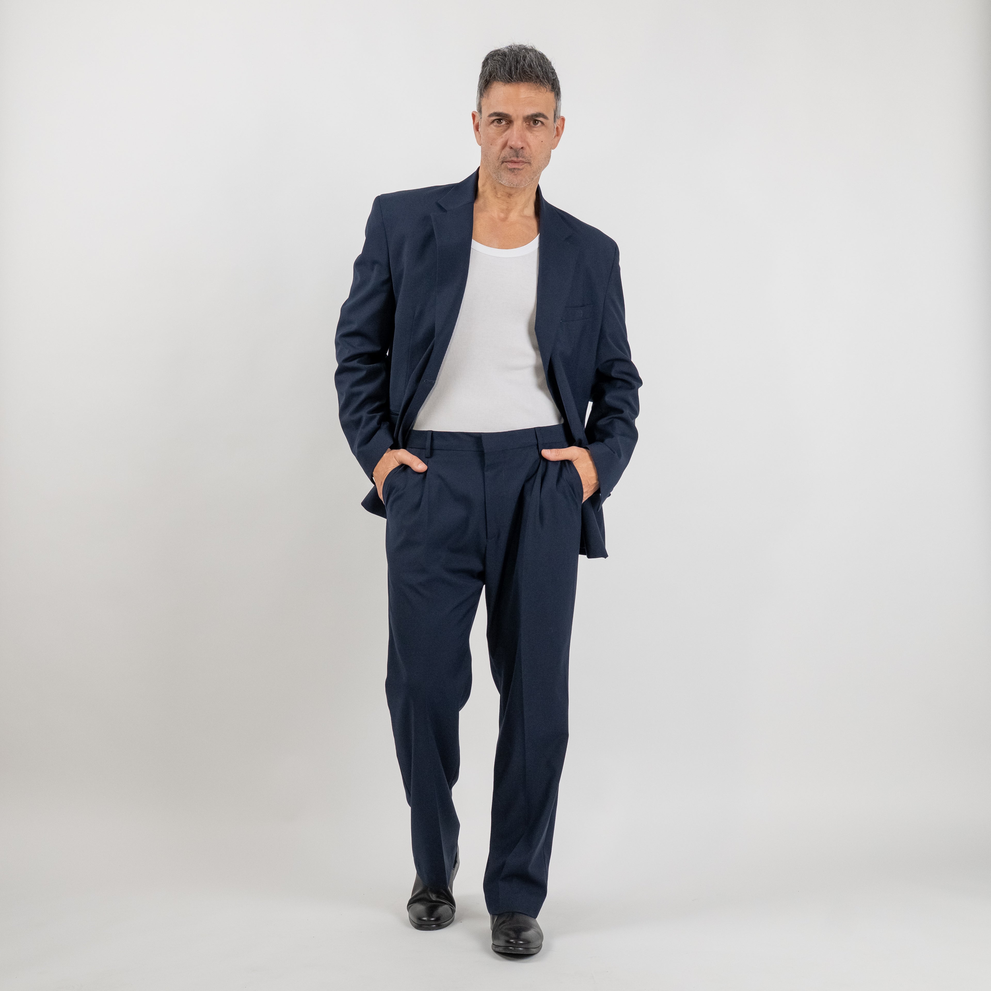 Traje sastre oversize con botón de tela - Azul Medianoche