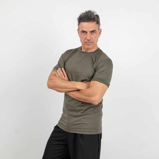 T-shirt effetto seta con colletto a costina - Verde Militare